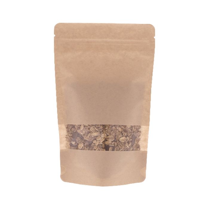 Brauner Kraftpapier Doypack mit Fenster, Einreißkerbe und Druckverschluss.