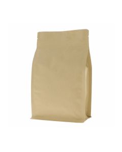 Brauner Kraftpapier Flachbodenbeutel mit Einreißkerbe und Druckverschluss.