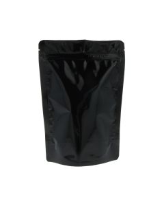 Gl&auml;nzend schwarzer Doypack mit Einrei&szlig;kerbe und Druckverschluss.