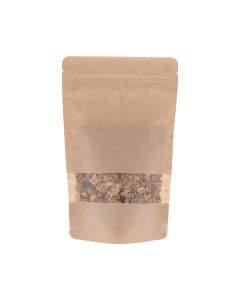 Brauner Kraftpapier Doypack mit Fenster, Einreißkerbe und Druckverschluss.