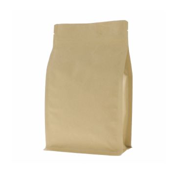 Brauner Kraftpapier Flachbodenbeutel mit Einreißkerbe und Druckverschluss.