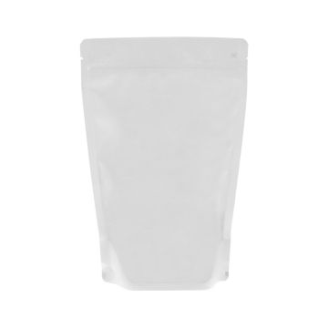 Mattweißer recycelbarer doypack mit Einreißkerbe und Druckverschluss.