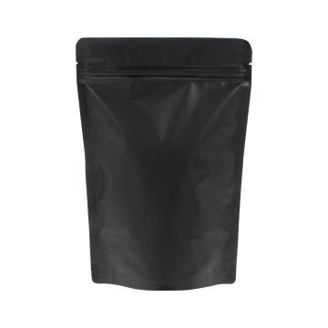 Mattschwarzer Doypack mit Einreißkerbe und Druckverschluss.