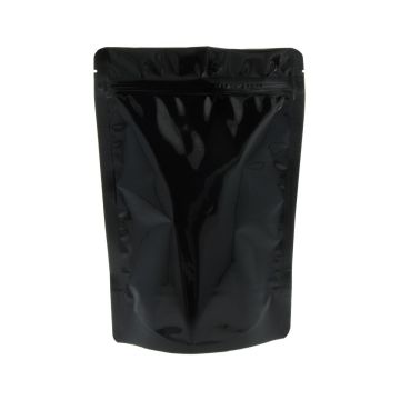 Glänzend schwarzer Doypack mit Einreißkerbe und Druckverschluss.