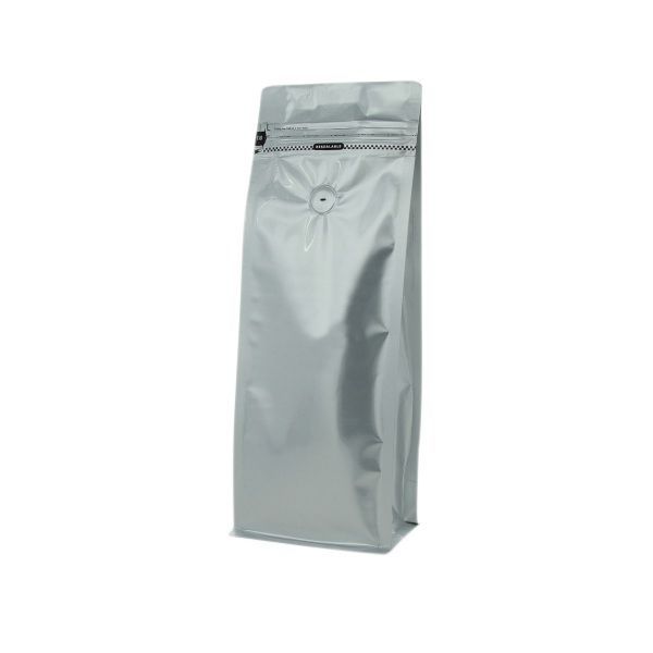 Flachboden-Kaffeebeutel mit Frontreissverschluss - matt silber - 1 kg (140x360+{47,5+47,5) mm)
