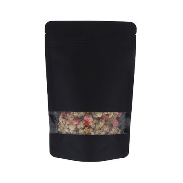 Standbodenbeutel Kraftpapier mit Fenster - Schwarz - 110x170+{35+35} mm (200-225ml)