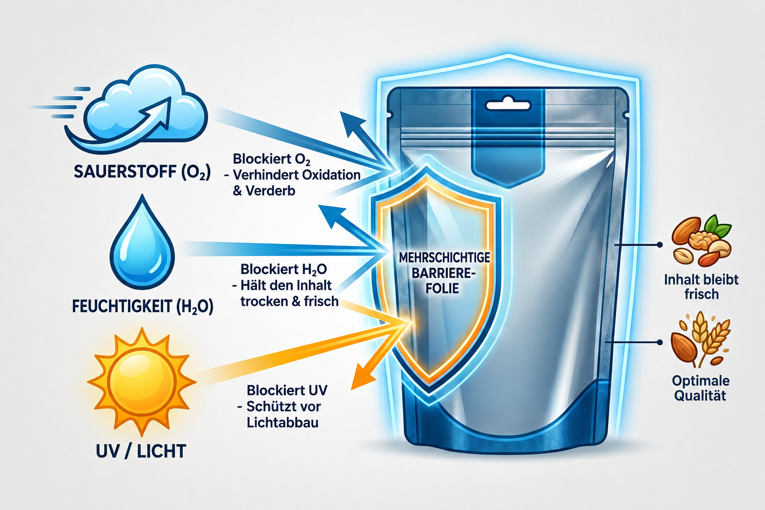 Infografik zur Funktionsweise von Barriereverpackungen: Eine mehrschichtige Folie blockiert Sauerstoff, Feuchtigkeit und UV-Licht für maximale Haltbarkeit Infografik zur Funktionsweise von Barriereverpackungen: Eine mehrschichtige Folie blockiert Sauerstoff, Feuchtigkeit und UV-Licht für maximale Haltbarkeit